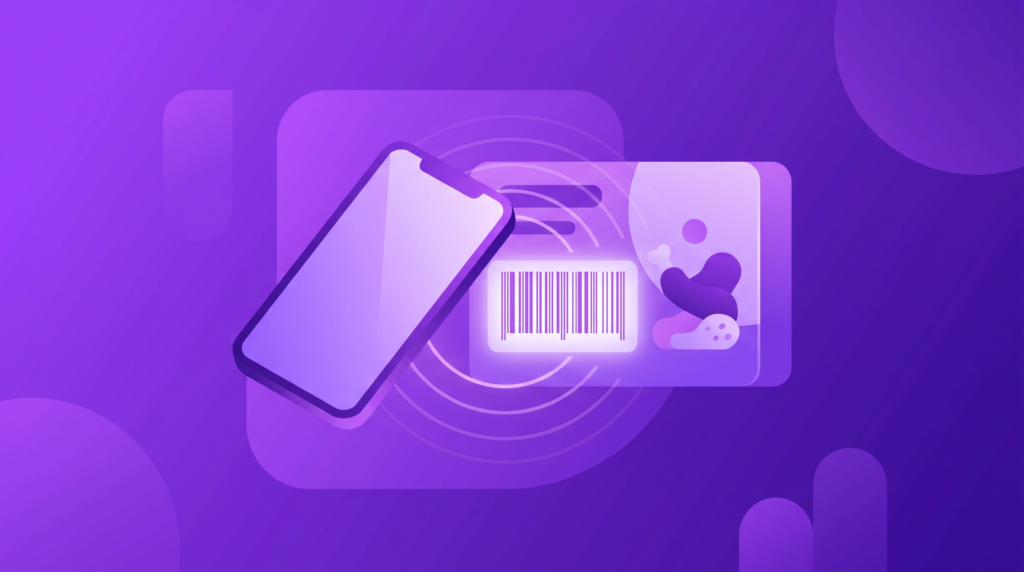 Illustration of a smartphone scanning a glowing barcode on a packaged food product