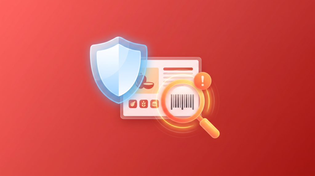Illustration of a protective shield over a scanned food label representing allergen safety