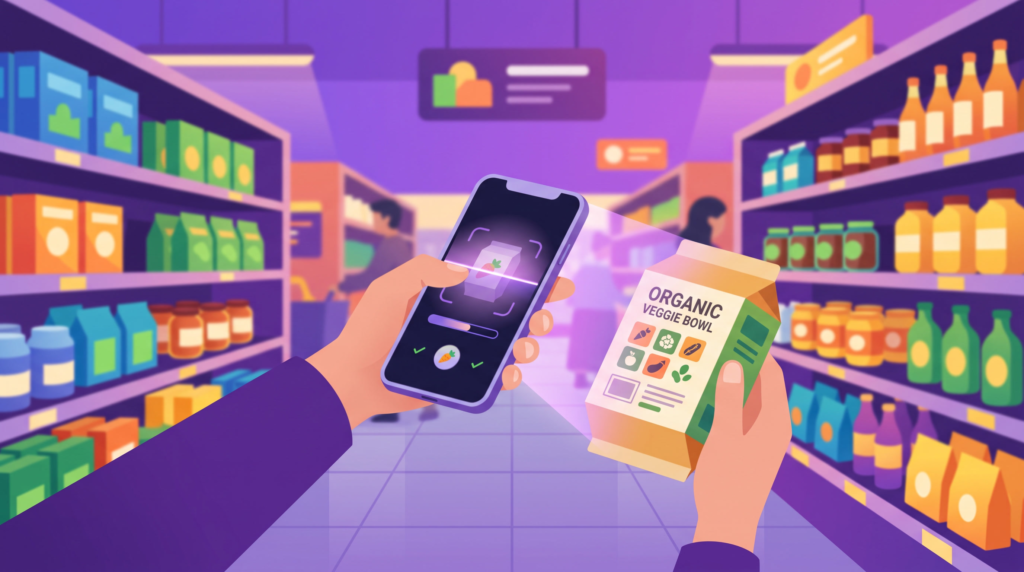 Illustration of a smartphone scanning a food product while shopping in a grocery aisle
