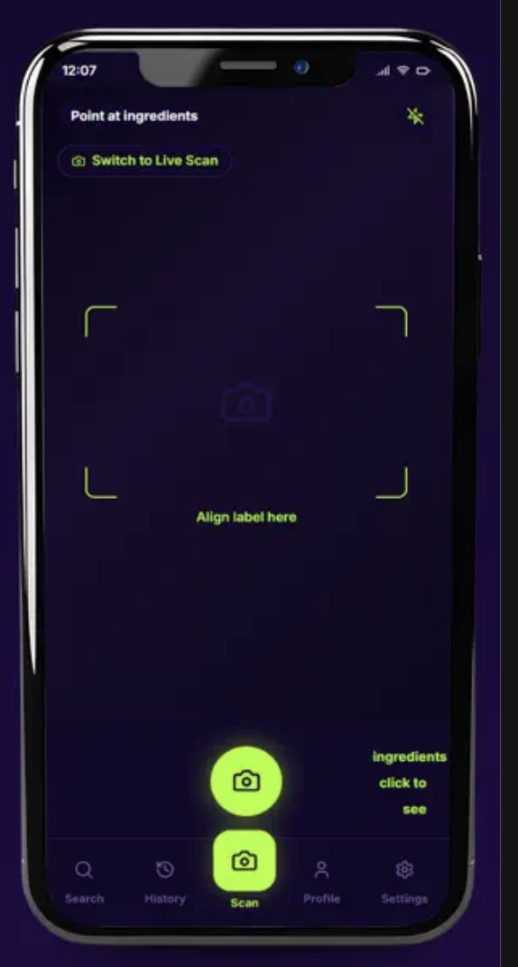 FoodBuddy app — Live scan